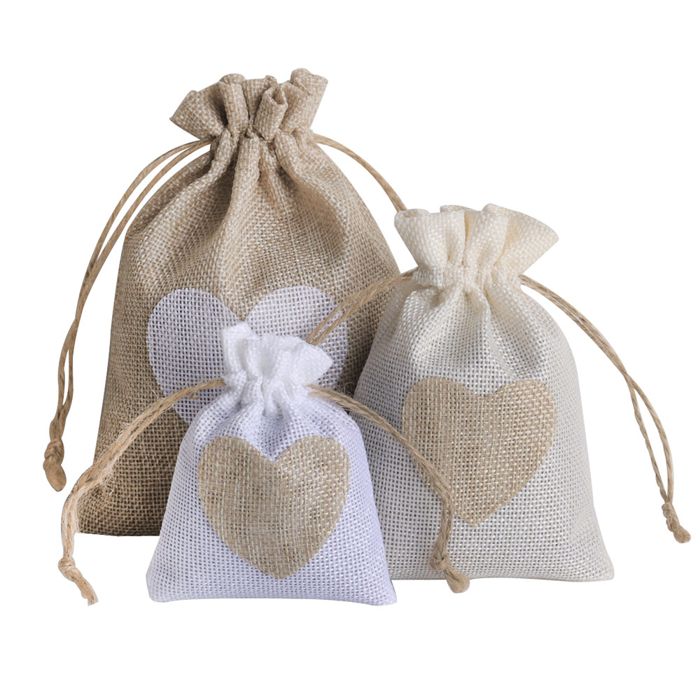 Linen Bag Bulk - 5 stks/partij Hart Linnen Sieraden Tas